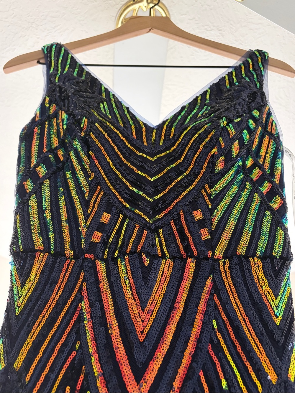 Navy Sequin V-Neck Dress with Neon Chevron Stripes